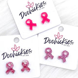 Acrylic Breast Cancer Awareness Ribbons -Earrings: Glittery Pink ~ In Store