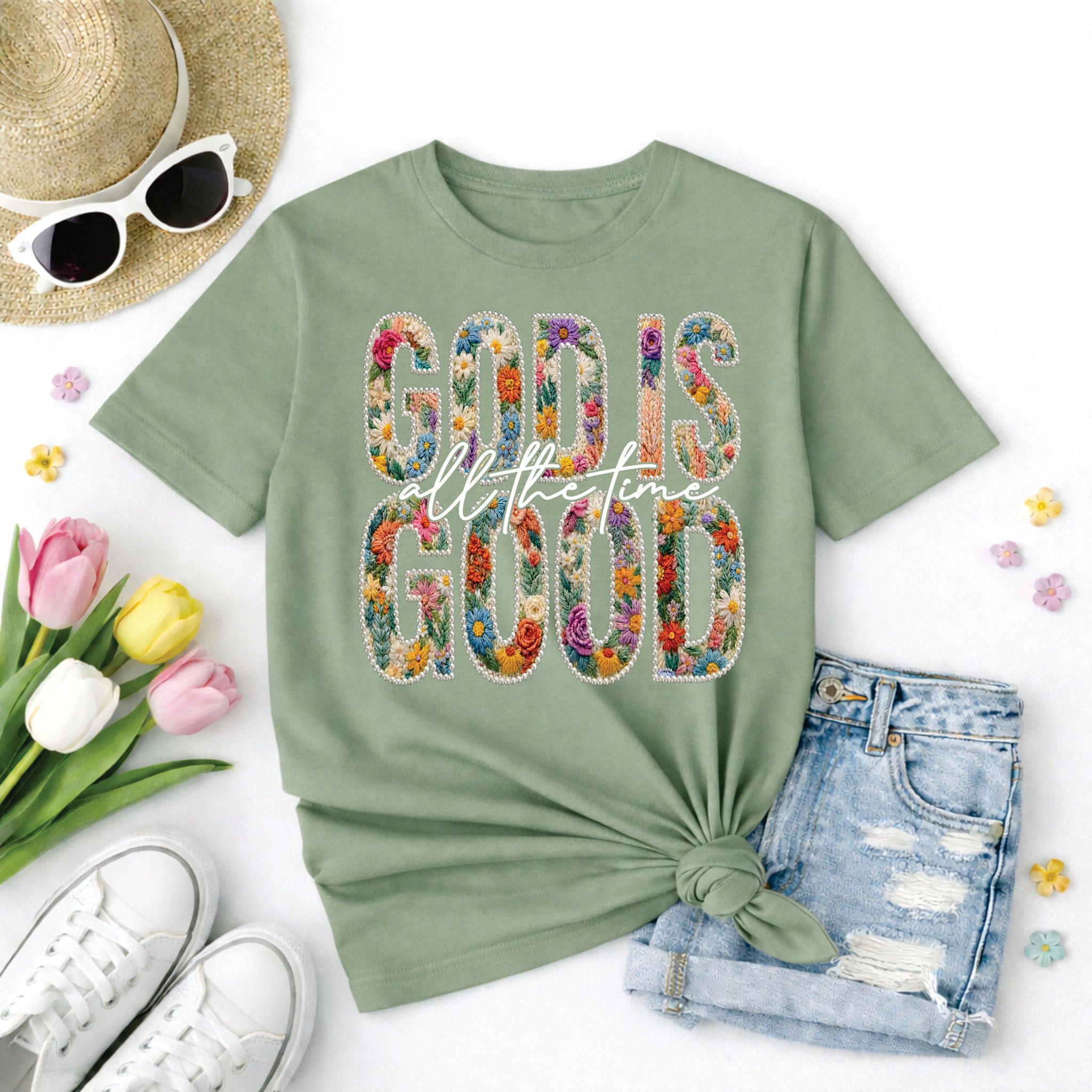 God Is Good All The Time Floral Pearl Tee – Tangerine Fox Market