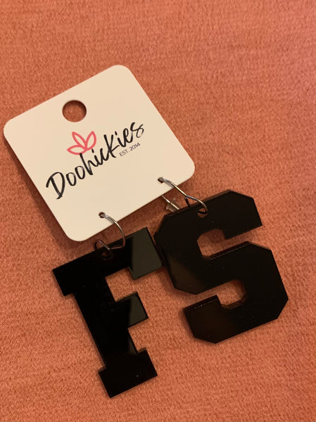 FS 1.5" Shiny Varsity Letters Earrings Black ~ In Store