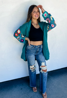 Crochet Sleeve Cardigan-Teal