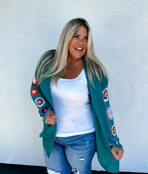 Crochet Sleeve Cardigan-Teal