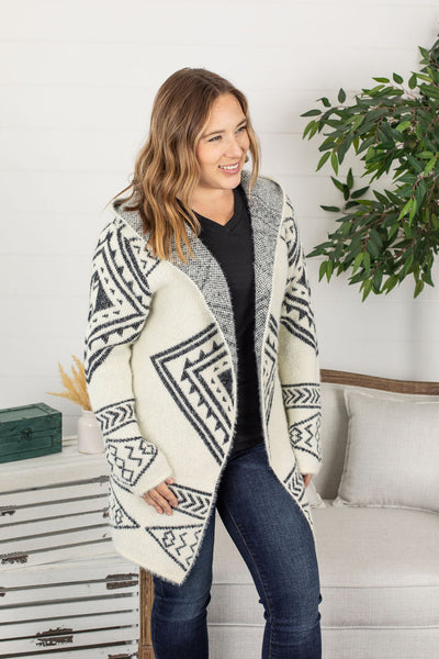 Hooded Aztec Cardigan - Black and Cream ~ In Store
