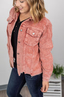 MARKDOWN ~ Destroyed Hem Corduroy Jacket - Frosted Cranberry ~ In Store