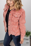MARKDOWN ~ Destroyed Hem Corduroy Jacket - Frosted Cranberry ~ In Store