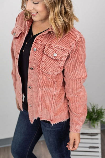 MARKDOWN ~ Destroyed Hem Corduroy Jacket - Frosted Cranberry ~ In Store
