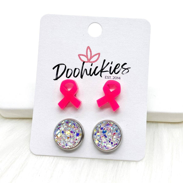 12mm Hot Pink Ribbons & Crystals in Stainless -Earrings ~ In Store
