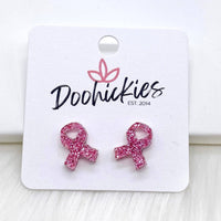 Acrylic Breast Cancer Awareness Ribbons -Earrings: Glittery Pink ~ In Store