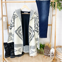 Hooded Aztec Cardigan - Black and Cream ~ In Store