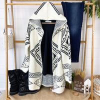 Hooded Aztec Cardigan - Black and Cream ~ In Store