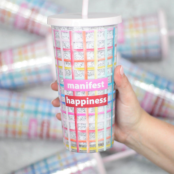 Manifest Happiness Glitter Tumbler ~ In Store