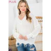 Distressed Ripped Light Knit V-Neck Sweater (Reg. and Plus)~ In Store