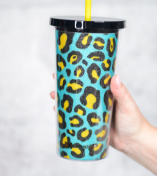 Teal and Yellow Leopard Glitter Tumbler ~ In Store